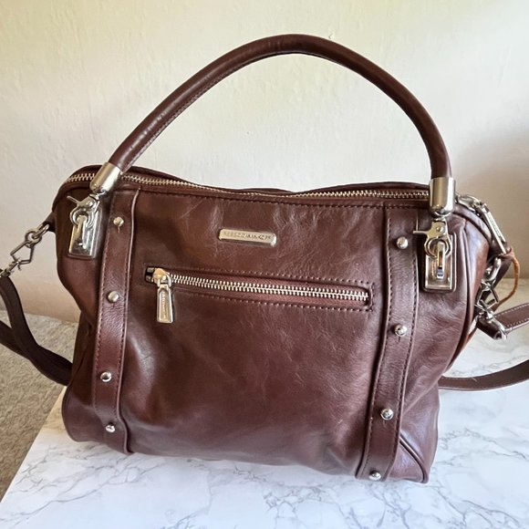 NWOT Rebecca Minkoff Studded Leather Satchel Brown Burgundy - Picture 1 of 6